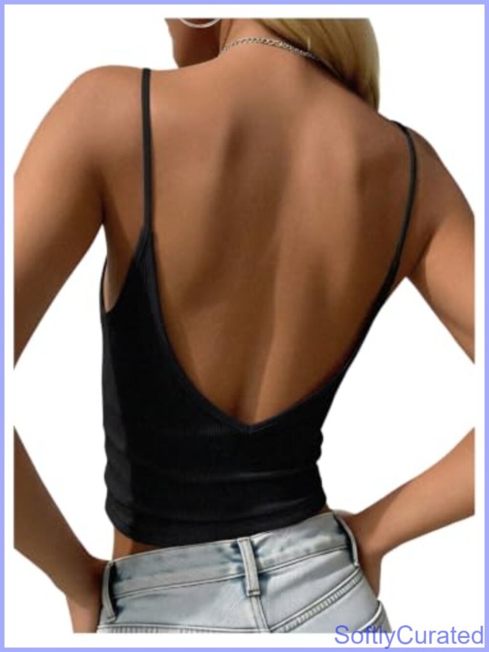 Ribbed Knit Open Back Tank Top Low Back Backless Cropped Camisole